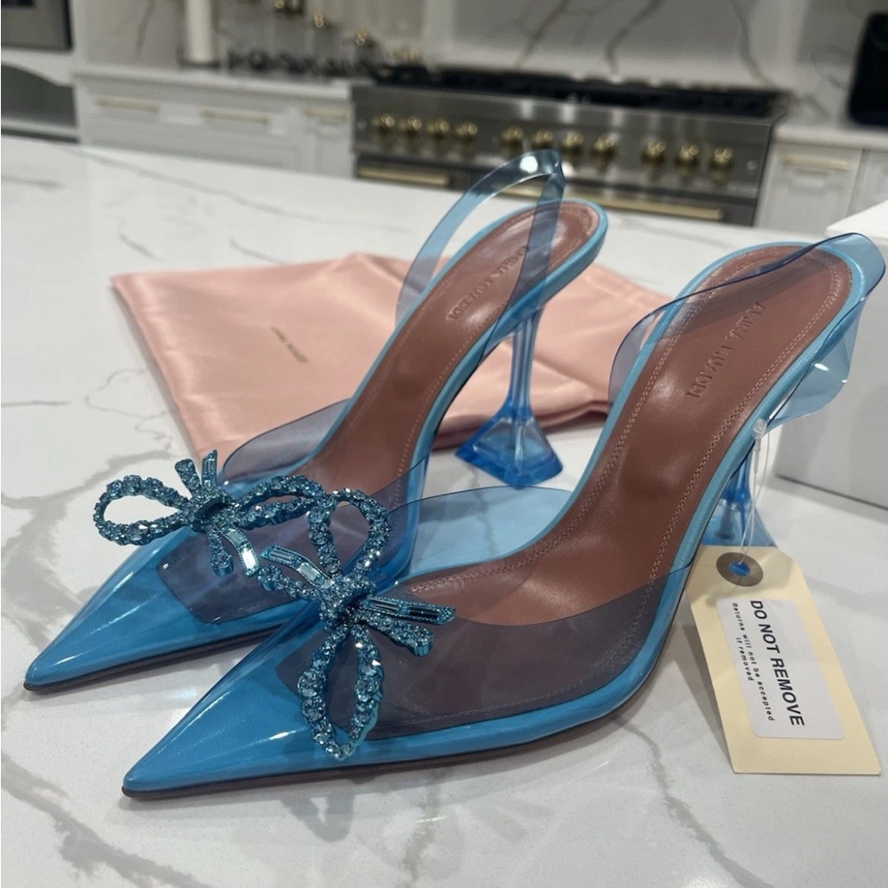 Amina Muaddi Teal Slingback Heels with Bow - Picture 4 of 9